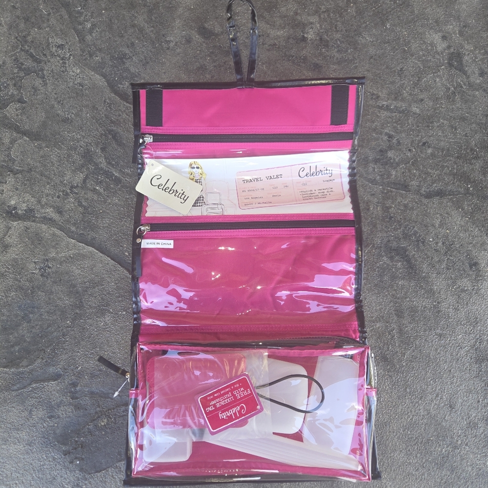 Celebrity Black With Pink Lining Travel Organizer 3 Clear Pockets & Containers